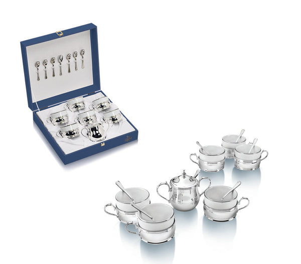 Set of 6 Cups + 6 Spoons + Sugar Pot- Silver