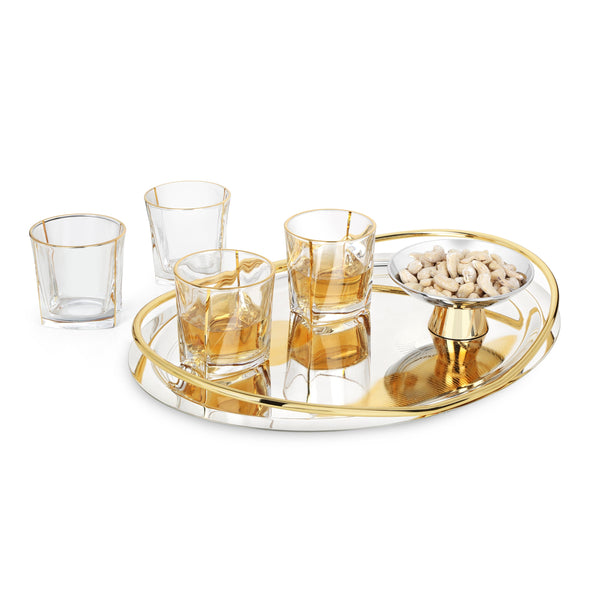 Intricate Design Oval Tray with Handle with Small Server and 4 Whiskey Glasses