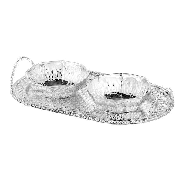 Oval tray with handle + 2 hammered katoris Silver