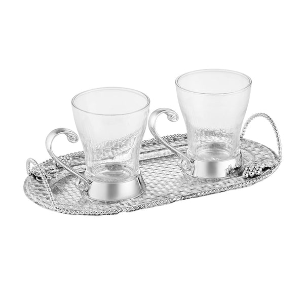Oval Tray With Handle + Set of 2 Vintage Mugs- Silver