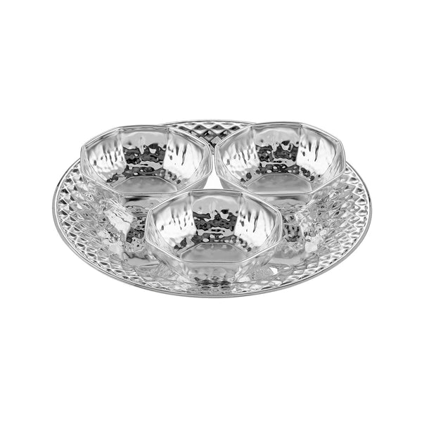 Round Tray With 3 Hammered Katoris - Silver