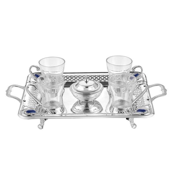 Rectangle tray with 4 mugs & sugar pot Silver