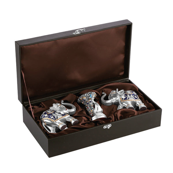 Pair of Blue Meena Elephant & Peacock Tea Light- Silver