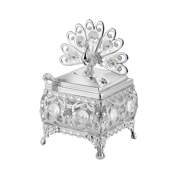 Peacock Sugar Bowl With Spoon Silver Clear Crystal