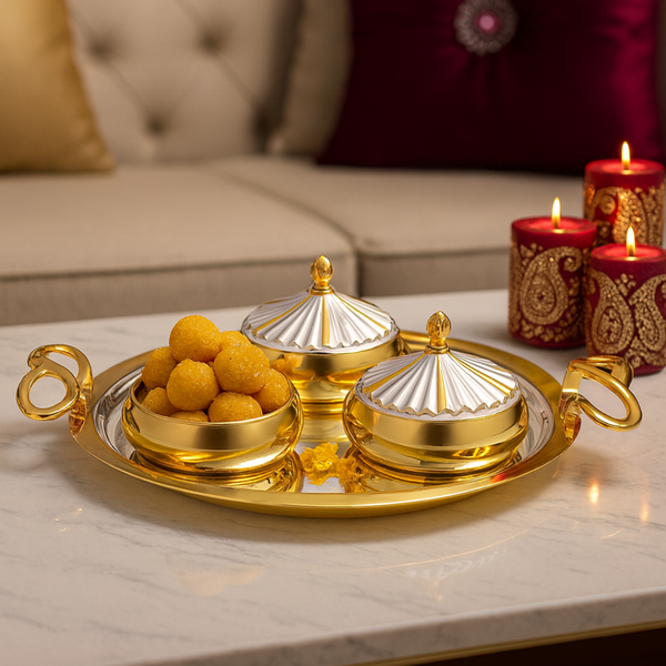 Medium Designer Round Golden Handle Tray with 3 Aladin Bowls