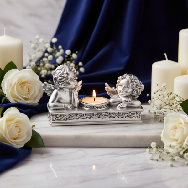 Pair of Angel Flower Tea Light Silver Glossy