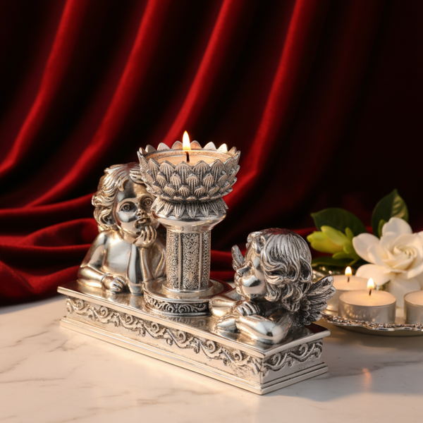 Pair of Angel Flower Tea Light Silver Matt