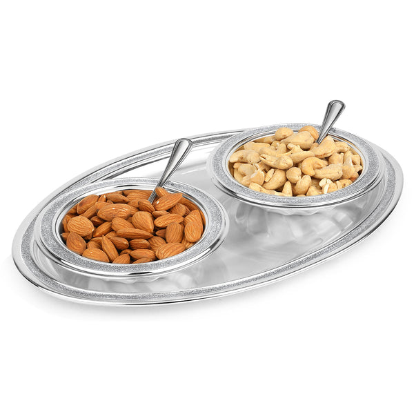 Oval Tray With 2 Bowl & Spoon Silver