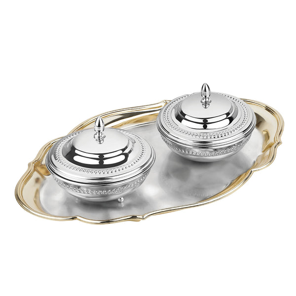 Oval Cutwork Tray (Golden) + 2 Sugar Bowl (Silver) = 9942+9948