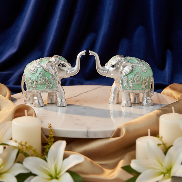 Pair of Silver Sea Green Meena Elephant Small